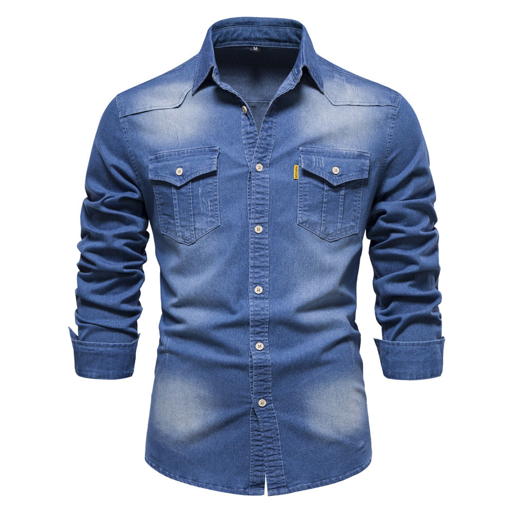 XAKXX 2025 popular Popular trade New explosion men's beautiful size denim shirt men's casual solid color men's denim long-sleeved shirt