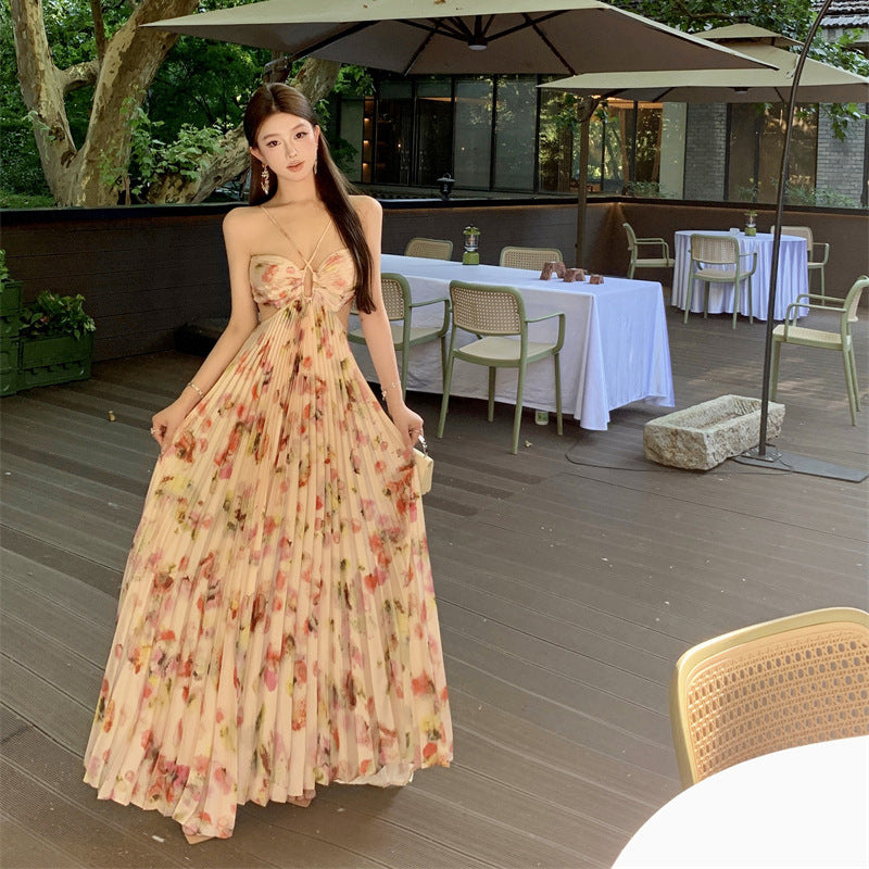 2025 Seaside vacation style temperament super beautiful floral tube top neck dress backless waist pleated long dress