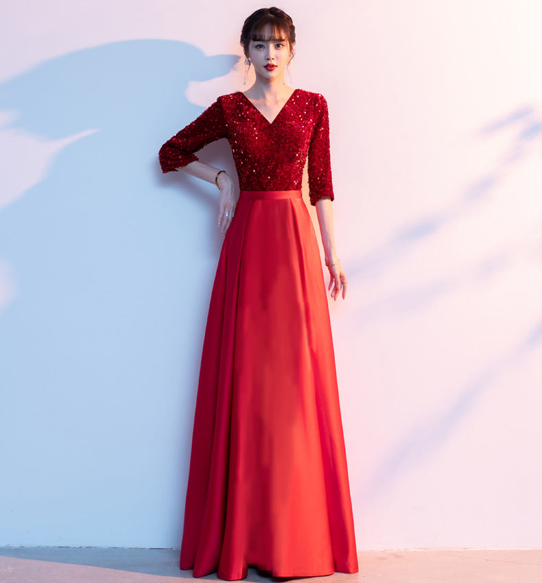 2025 New cantata costume female popular new sequined adult choir host red song recitation evening dress