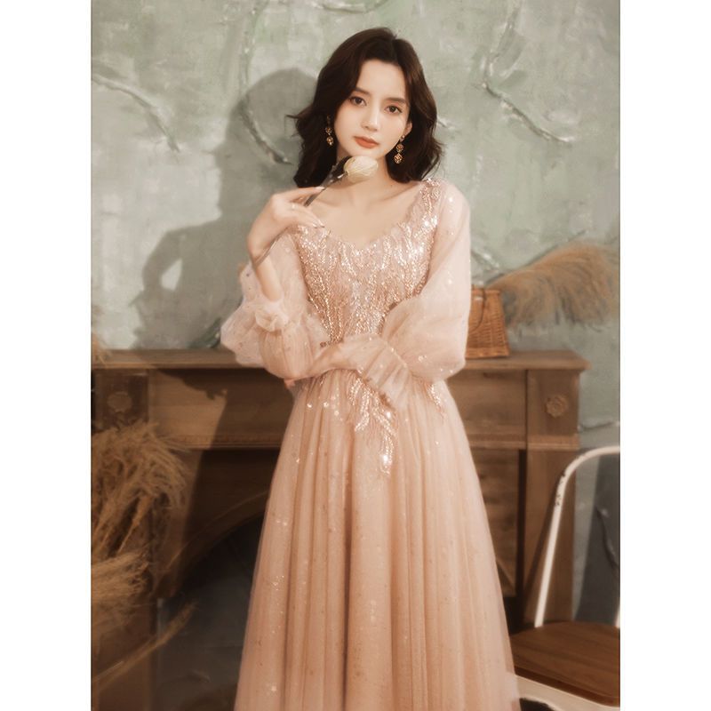 Fairy Dress 2025 New Spring Host Dignified Atmospheric Dress Long Sleeve V-Neck Banquet Evening Dress