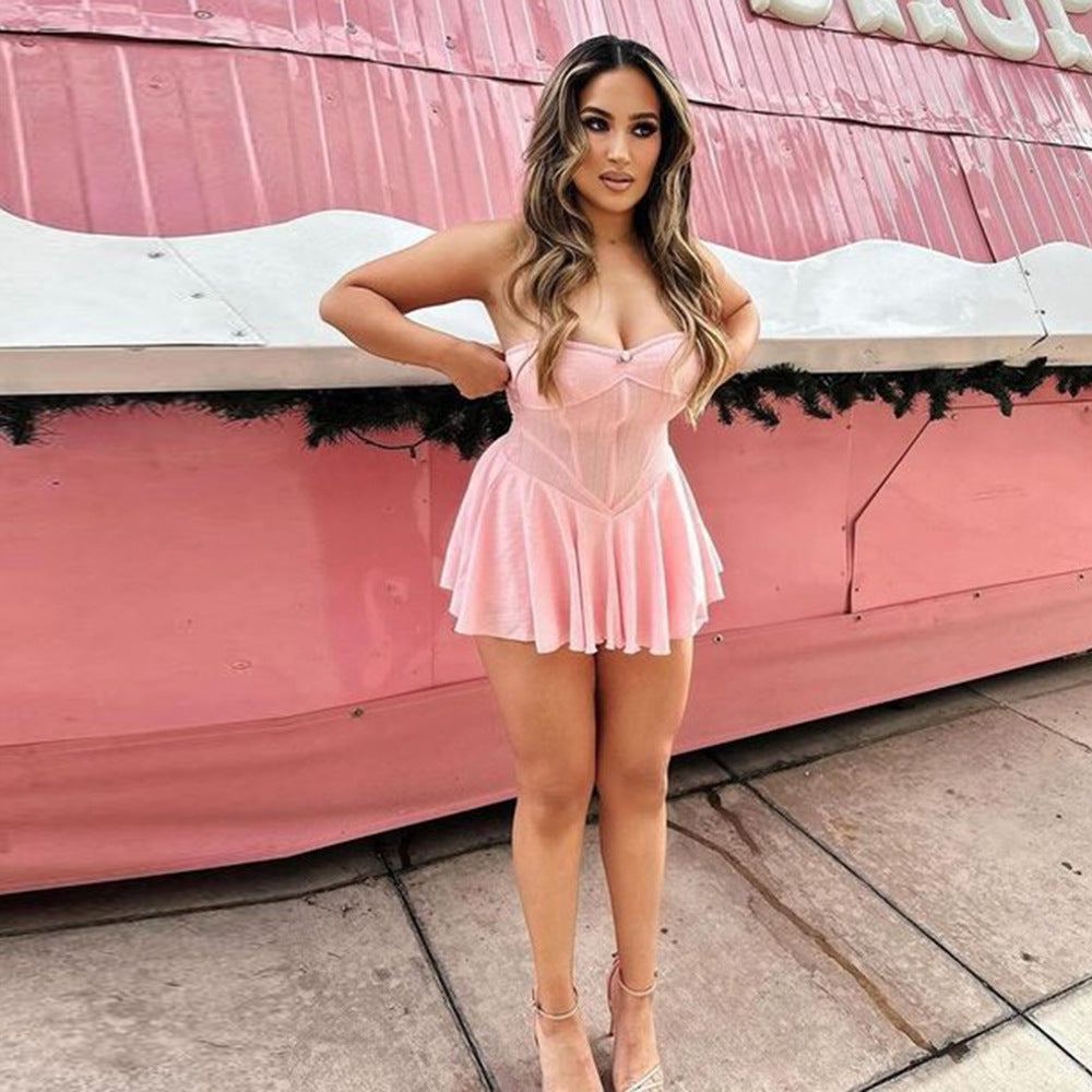 51150 Hot Girl Women's Clothing European and American Stretch Chest-Wrapped Dress Hollow Backless Zipper off-Shoulder Pleated Princess Dress