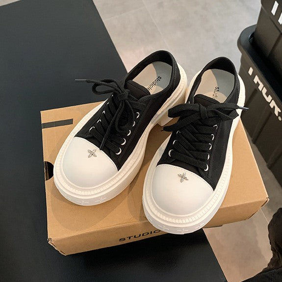 2025 Sheepskin version~ Grape mother, the same style, large round head 8cm genuine leather thick-soled heightening lace-up, small white shoes, casual canvas shoes for women