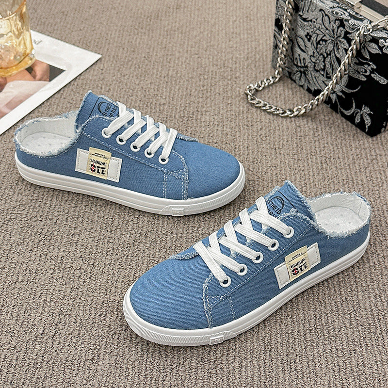 xakxx Spring and Autumn New Canvas Shoes Female Students Half Slippers Slip-on Lofter Versatile Breathable Casual White Shoes Fashion