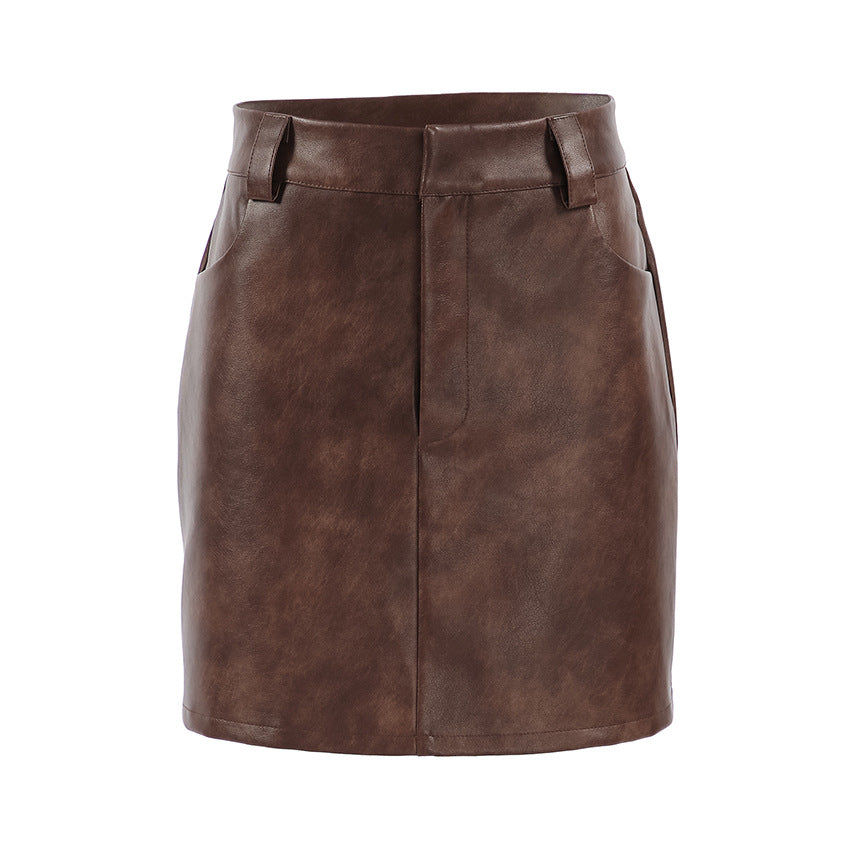 XAKXX Autumn and winter retro high-end brown faux leather high-waisted straight skirt 2025 temperament PU short skirt women