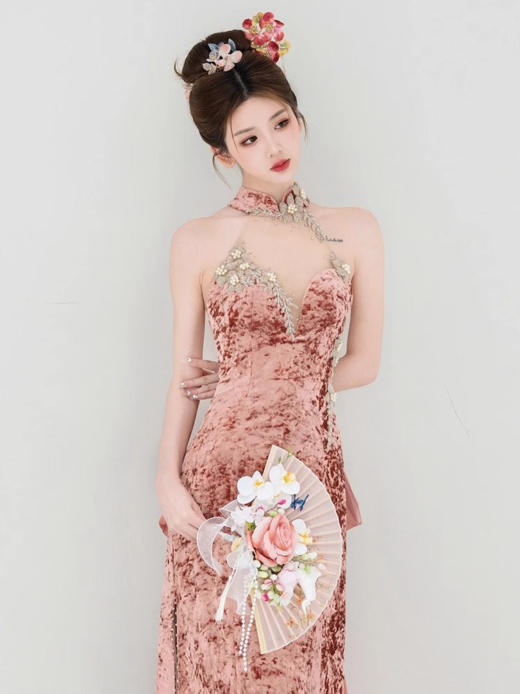 2025 Velvet Chinese morning robe popular new beaded toast suit embroidered backless new neck evening dress