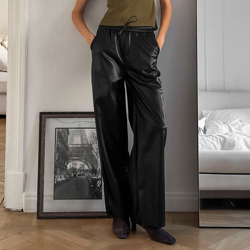 XAKXX Autumn and winter fashion sexy temperament gray velvet matte leather pants retro high-waisted women's casual trousers
