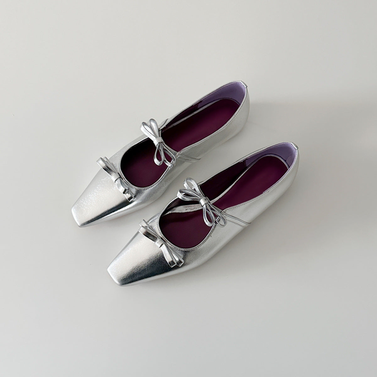 2025 Sheepskin version~ Small square head temperament bow light mouth single shoe inner height increase word belt silver Mary Jane shoes
