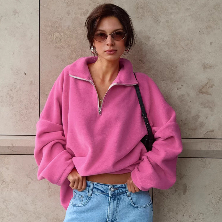 XAKXX Autumn and winter new pink lapel fleece sweater New 2025 fashion cross-border wholesale women's lamb fleece top