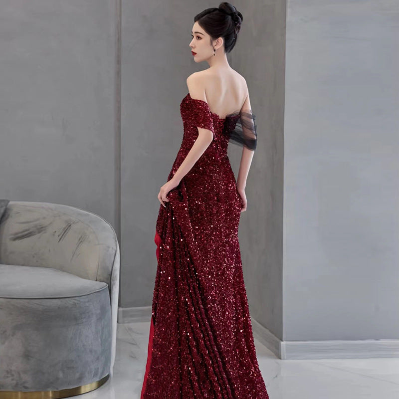 2025 Toast Bride Shoulder Red Textured Engagement Dress Host Fish Tail Evening Dress Women's Spring