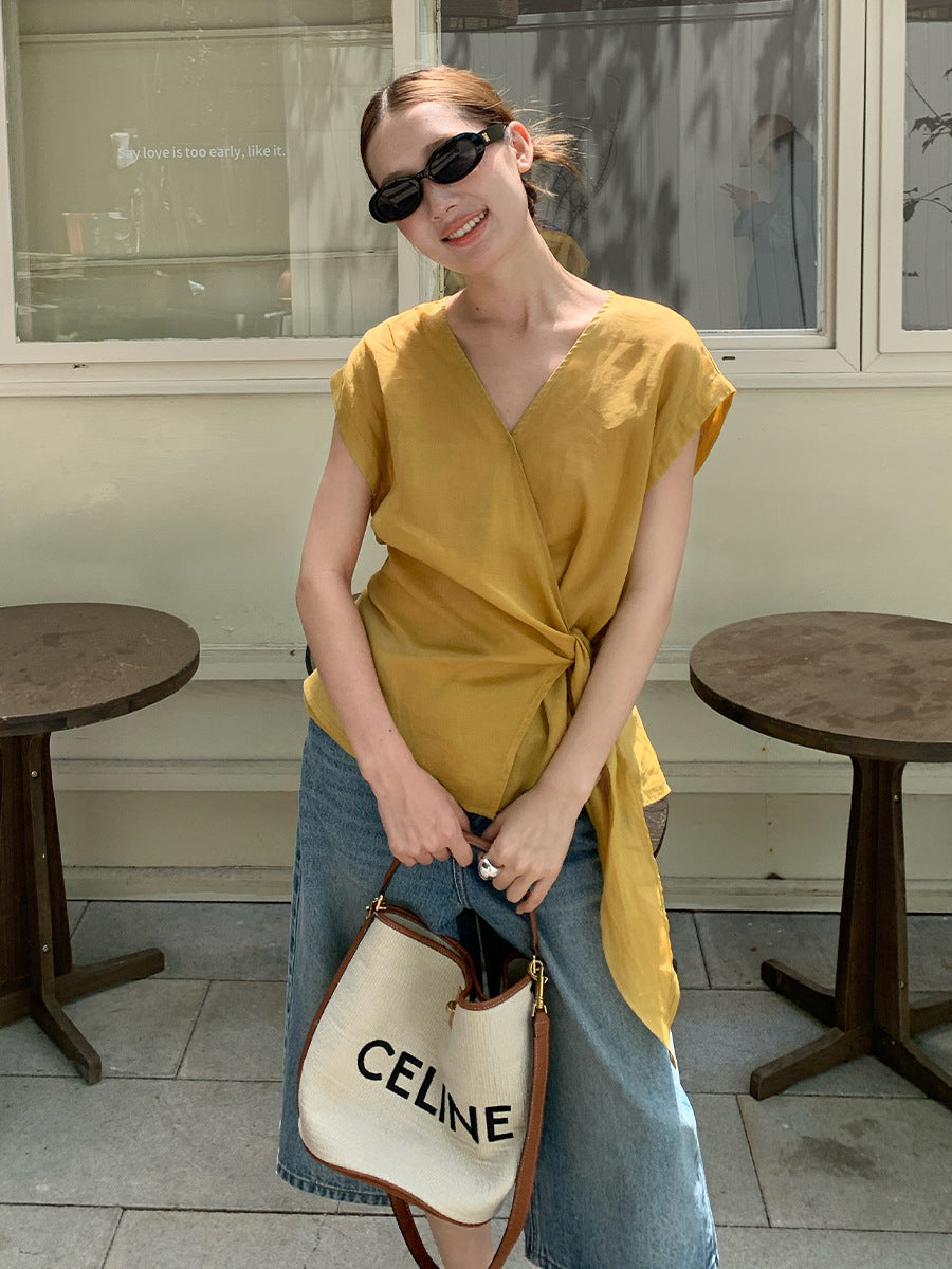 2025 Ramie Tencel Cross Design Sense Shirt 2025 Thirteen Lines Summer New Shirt Women's T5059X