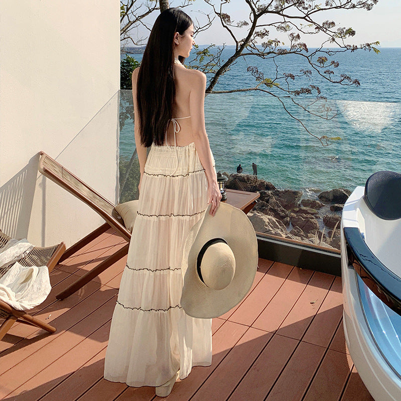 2025 Thailand seaside vacation wear women's pure desire sexy backless neck vest see-through skirt two-piece dress