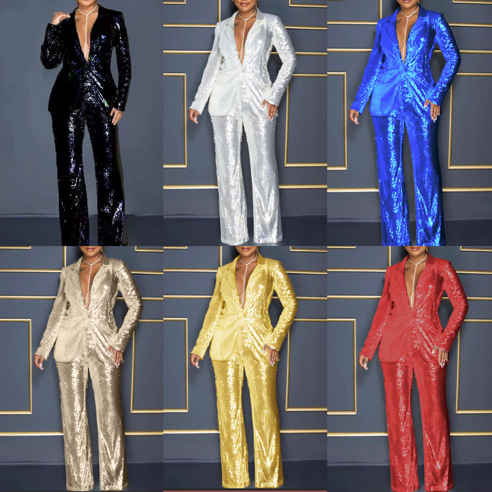 2025 summer New jumpsuit 2025 new women's long-sleeved V-neck sequined jumpsuit two-piece set
