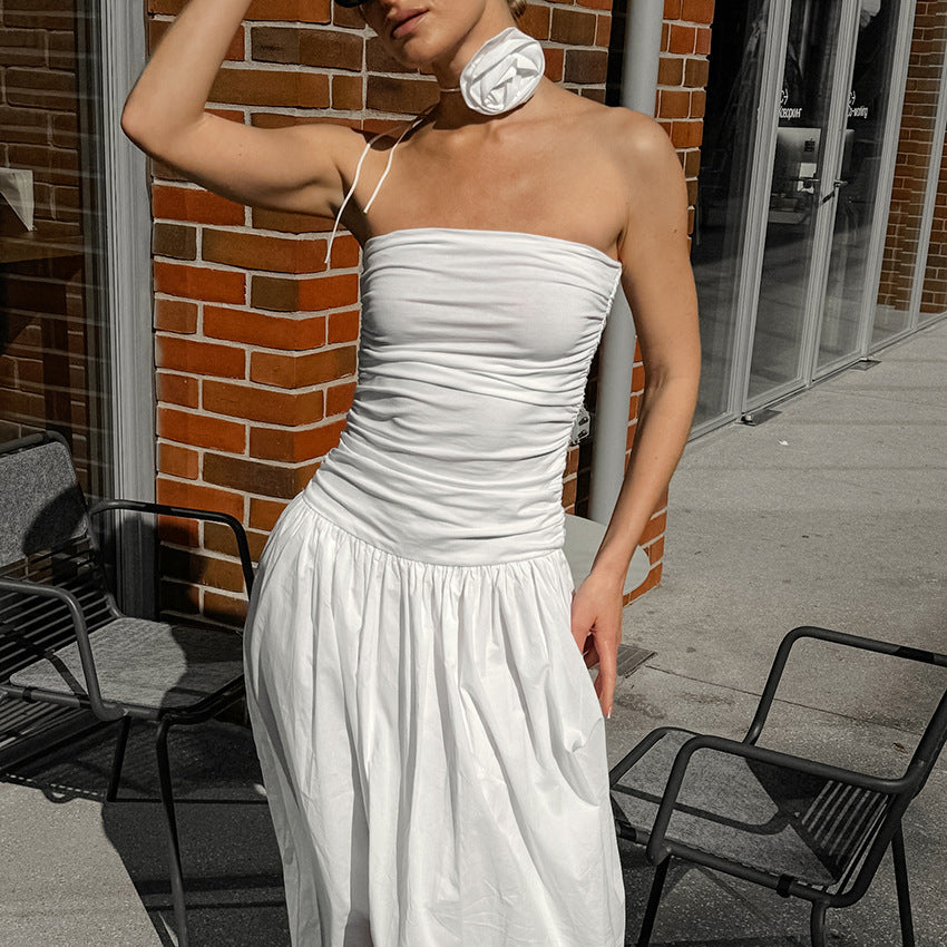 XAKXX 2025Autumn white temperament off-the-shoulder suspender slim tube top low-rise slim dress 2025 fashion flower dress