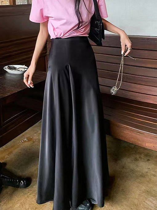 2025 Spot acetic acid satin high-end skirt temperament high waist drape thin fishtail skirt medium and long