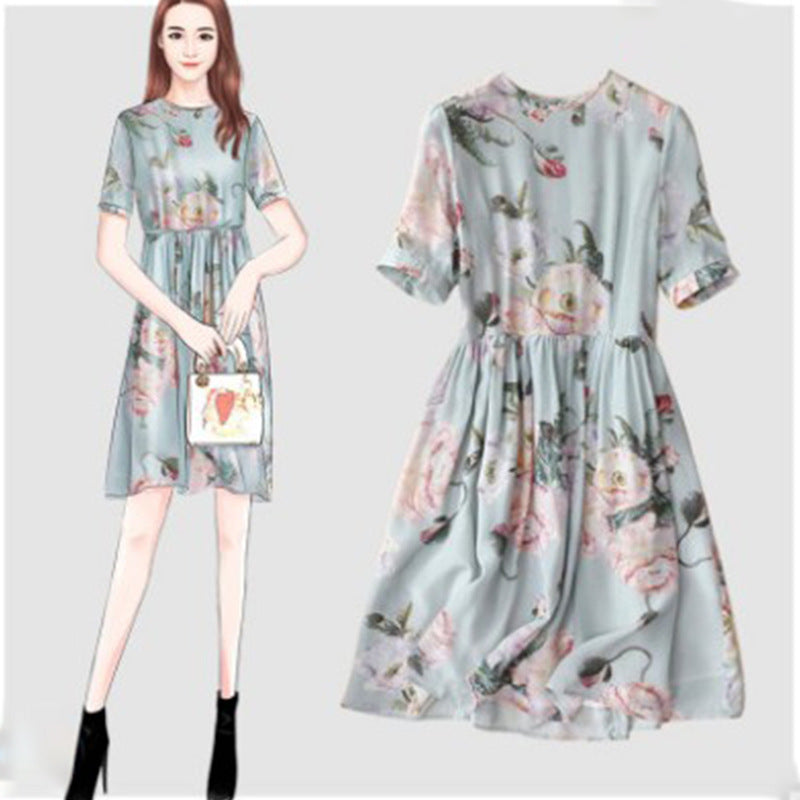 2025 Silk dress women's summer new casual versatile GAO end printed mulberry silk temperament women's mid-skirt