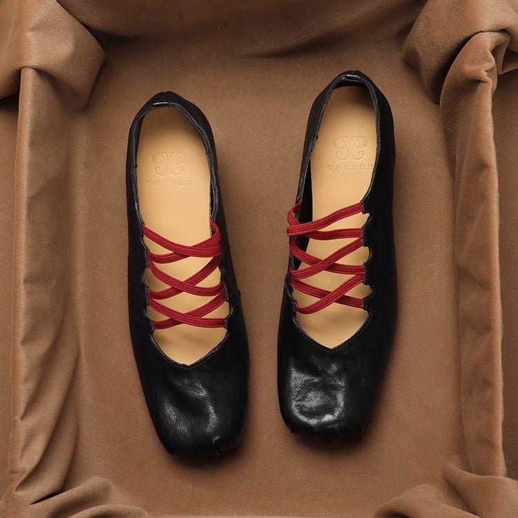 2025 Sheepskin version retro pleated square head single shoes cross strap high heel ballet shoes pig nose thick heel Mary Jane shoes