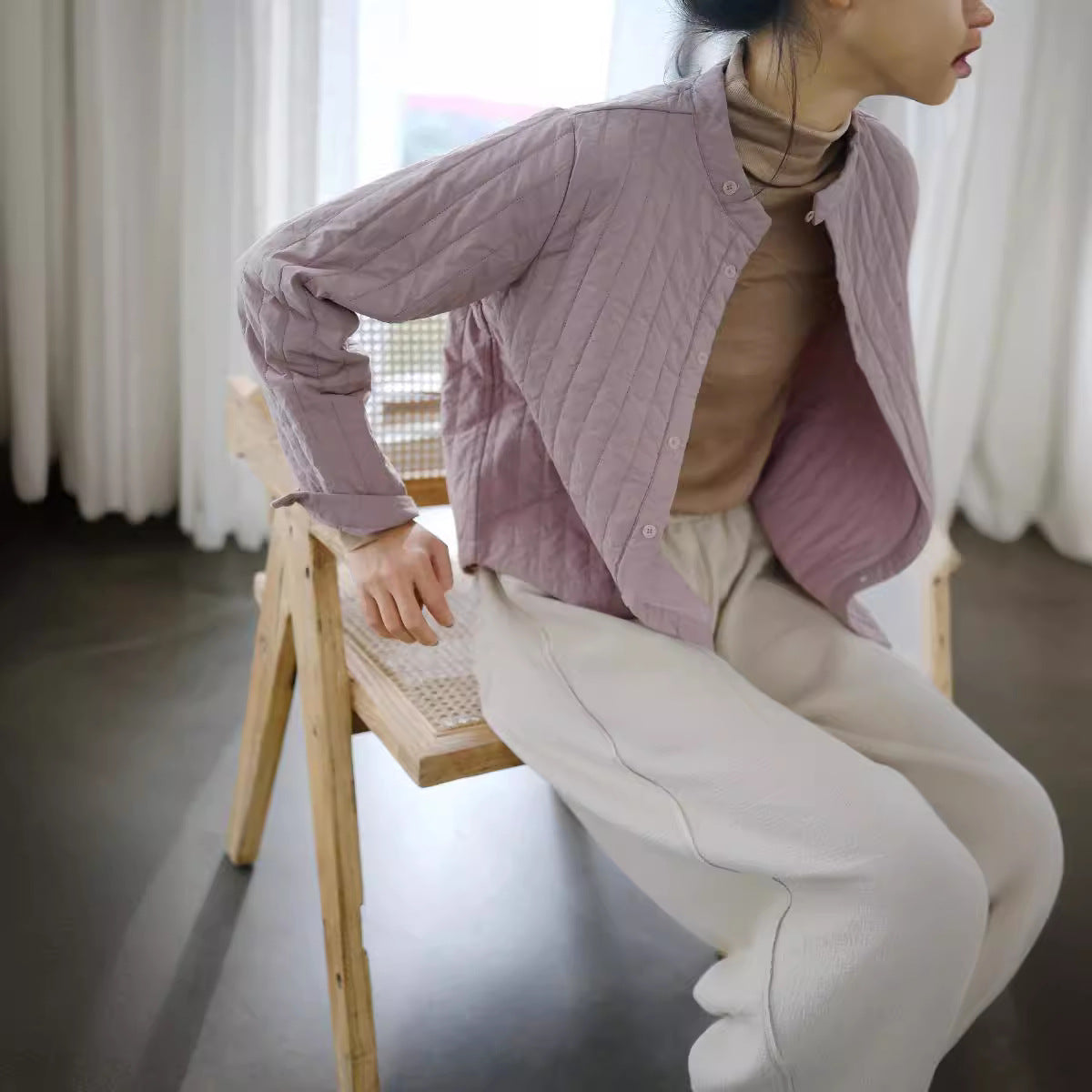 casual literary and artistic cotton paper stand-up collar thin padded shirt, striped quilting thread warm cotton-padded coat M22370