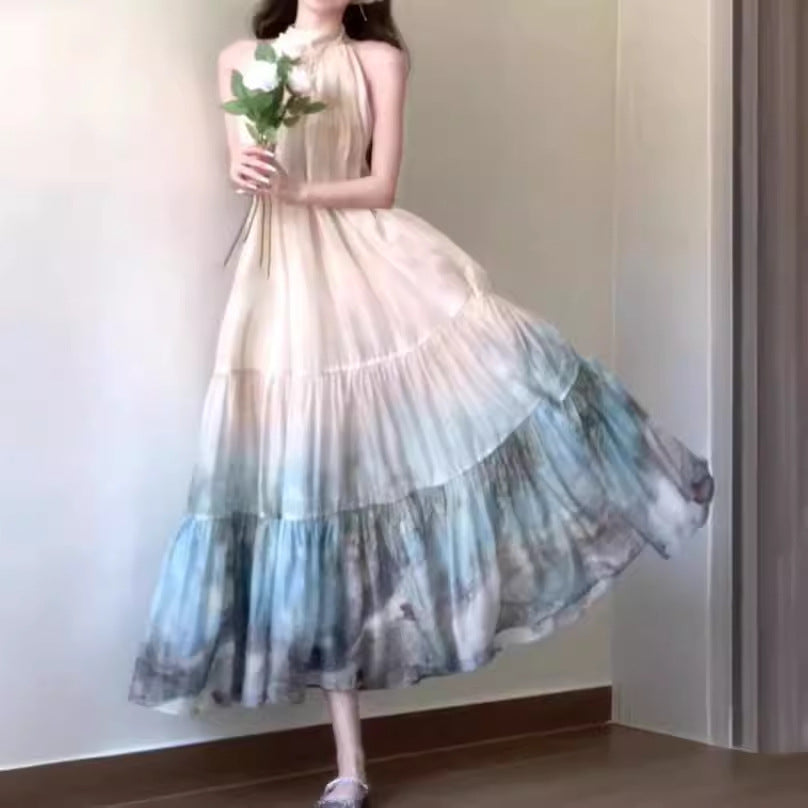 2025 New Chinese style smudge print dress summer neck super fairy long dress vacation pendulum fairy dress