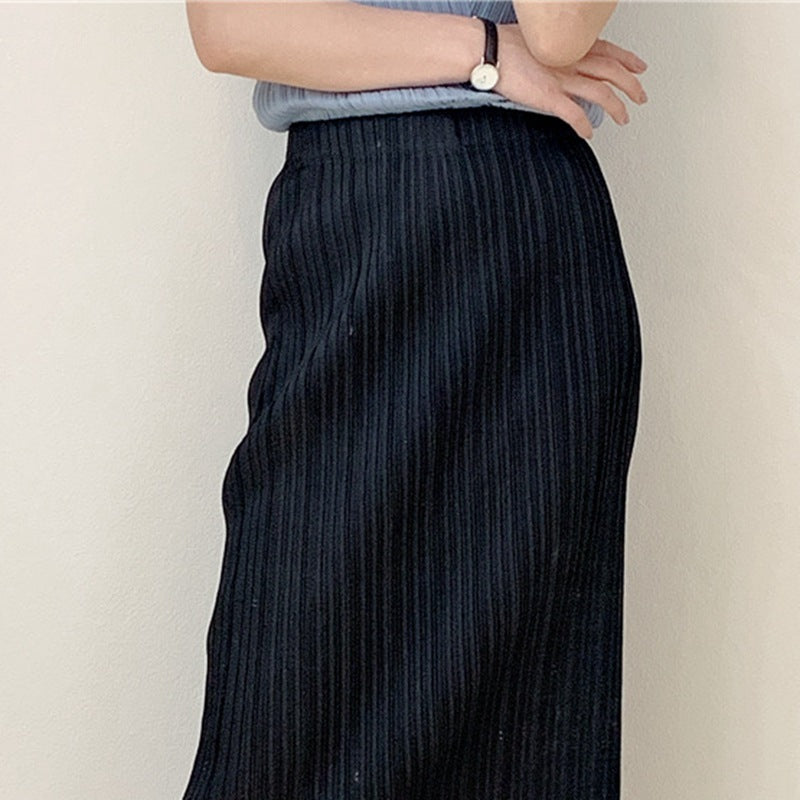 2025 Summer new product temperament Sanzhai skirt casual pleated slim fit long high elastic pleated hip skirt one step skirt