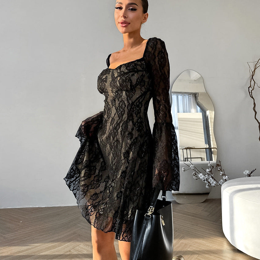 XAKXX 2025Autumn Black Sexy Design Sense Lace Hollow Temperament Square Neck Bubble Sleeve Slim Lace-up Dress Women