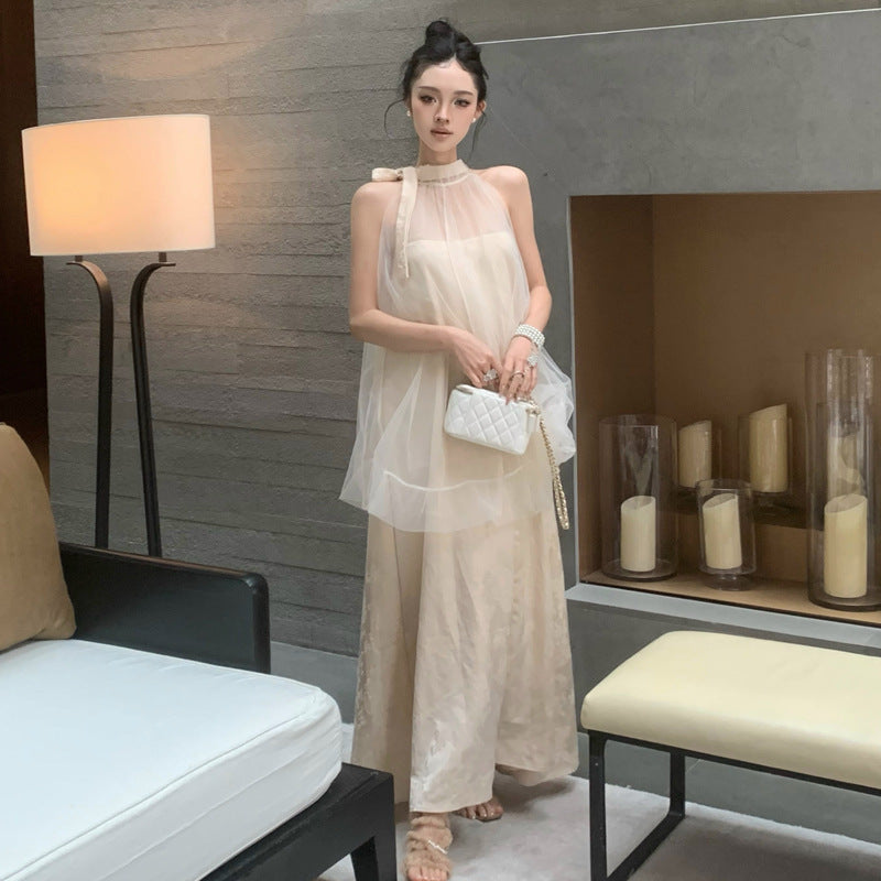 2025 Bohemian vacation wind lace-up bud long dress jacquard fake two pieces loose neck print dress women's summer