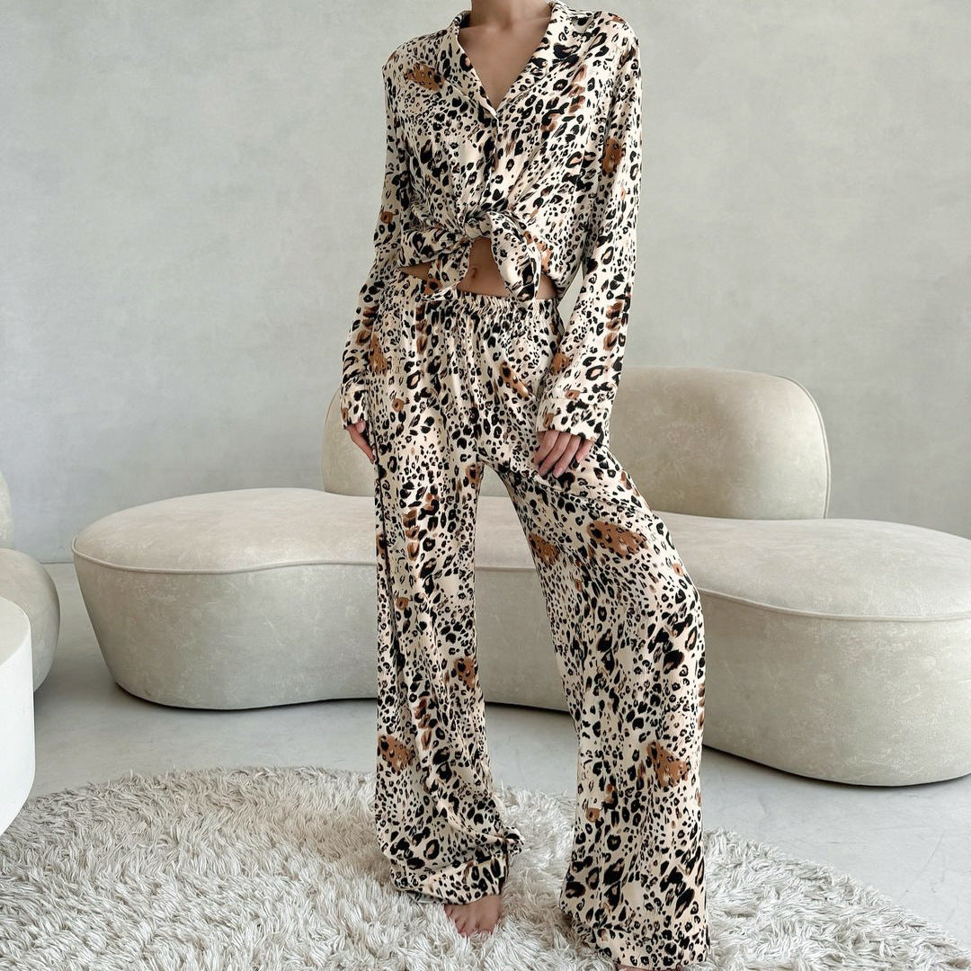XAKXX 2025popular 2025 autumn new products are fashionable and elegant leopard print four-sided elastic cardigan trousers women's two-piece set