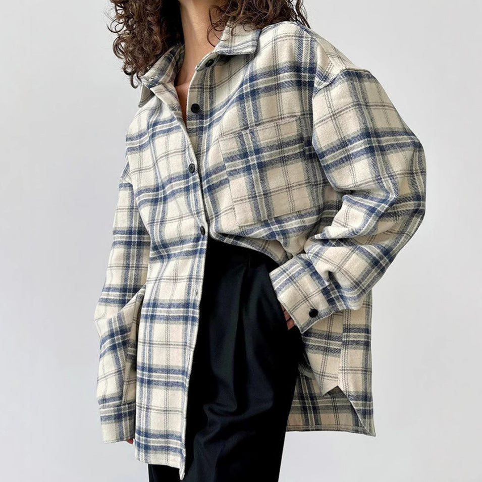 XAKXX American lapel loose plaid long-sleeved women's shirt New 2025 autumn and winter fashion new wholesale coat