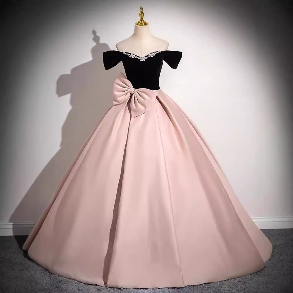 Pink evening dress 2025 new one-word shoulder super fairy satin princess dress birthday party art test dress dress dress