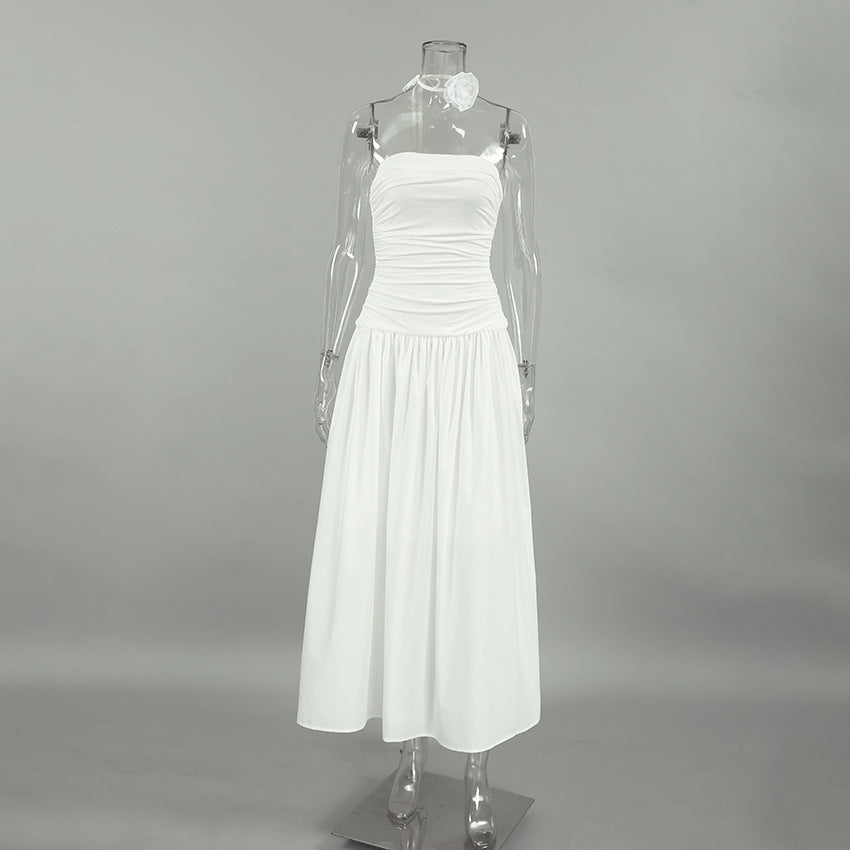 XAKXX 2025Autumn white temperament off-the-shoulder suspender slim tube top low-rise slim dress 2025 fashion flower dress