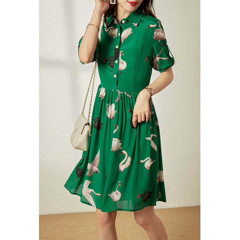 2025 Silk dress women's summer new temperament slim print green mulberry silk shirt skirt