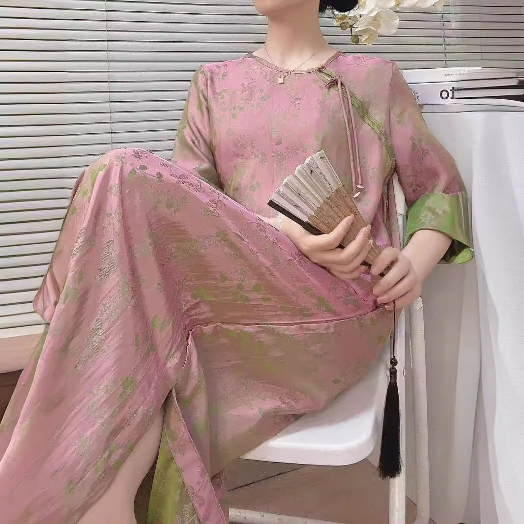 2025 Spot Chinese style women's clothing retro improved cheongsam simulation silk dress ethnic style zen tea clothes women