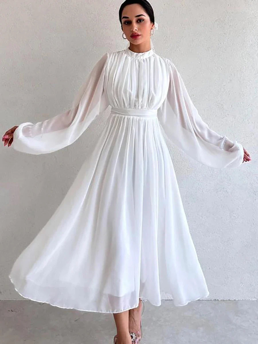 Beautiful Women's Dress Half High Collar Pleated Dresses with Long Sleeve Slim Elegant Black Chiffon Dress for Women xakxx Summer