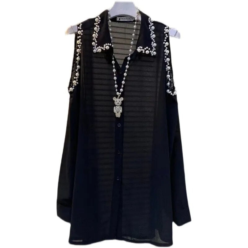 Xakxx - Mid-Length Long Sleeve Beaded Off-Shoulder Black Chiffon Blouse Women Summer New Clothes Large Size Loose Oversized Shirt Dress