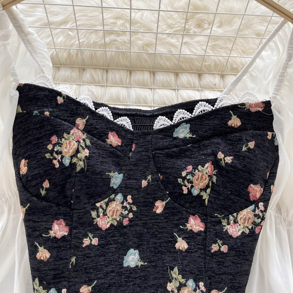 Xakxx - Floral Print Blouse Women Court Patchwork Flare Sleeve Elastic Waist Spring French Style Female Backless Short Tops