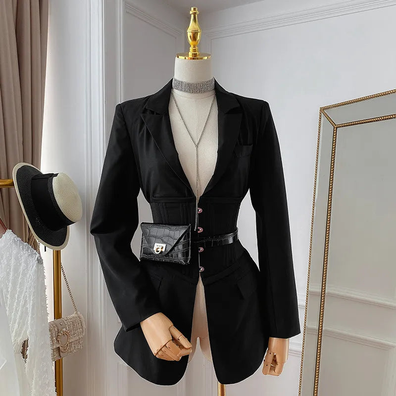 xakxx New Fashion Runway All Season Women Notched Long Sleeve Coat Metal Button Waist Shaping Black White Corset Blazer