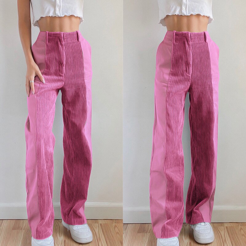 Purpdrank - 2023 Spring Women Pants Fashion Contrast Color Corduroy Long Straight Trousers Streetwear Y2K Ladies Bottoms
