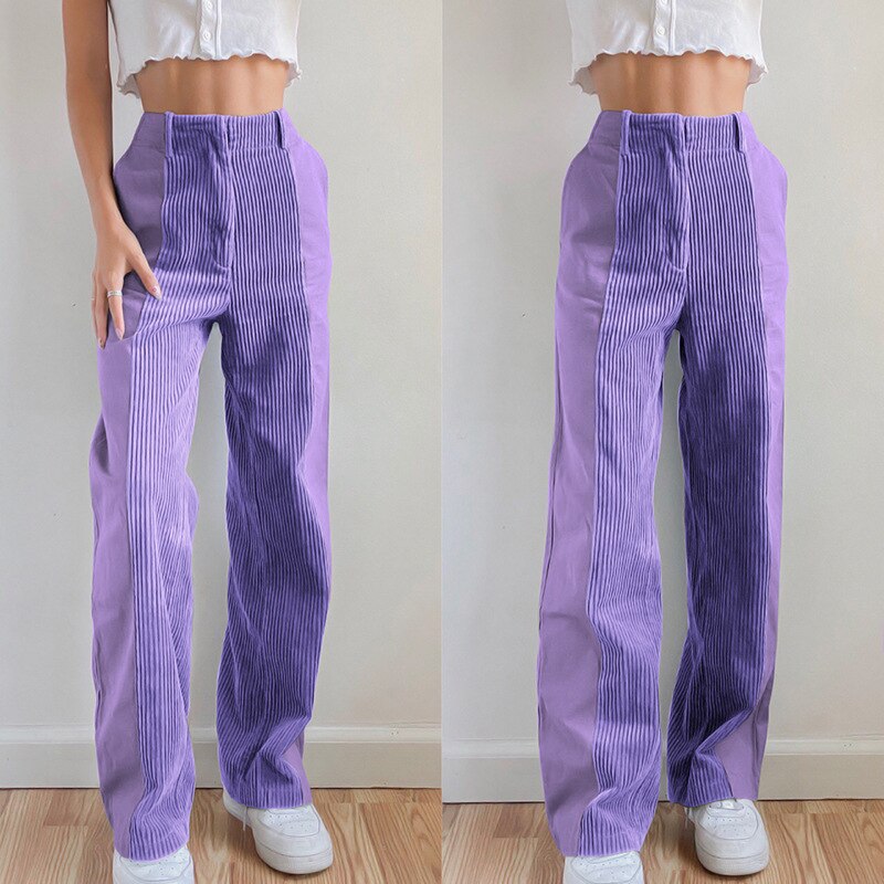 Purpdrank - 2023 Spring Women Pants Fashion Contrast Color Corduroy Long Straight Trousers Streetwear Y2K Ladies Bottoms