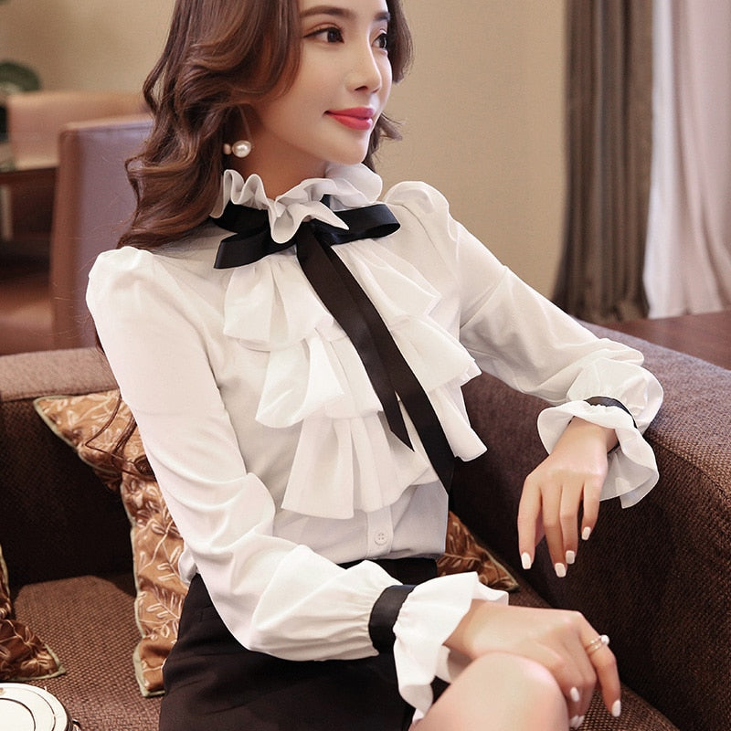 Xakxx - New Women blouse tops White Ruffles Bow Long Sleeve Chiffon Blouse 2023 New Work Wear Office Blusas Femininas ladies shirt 570A