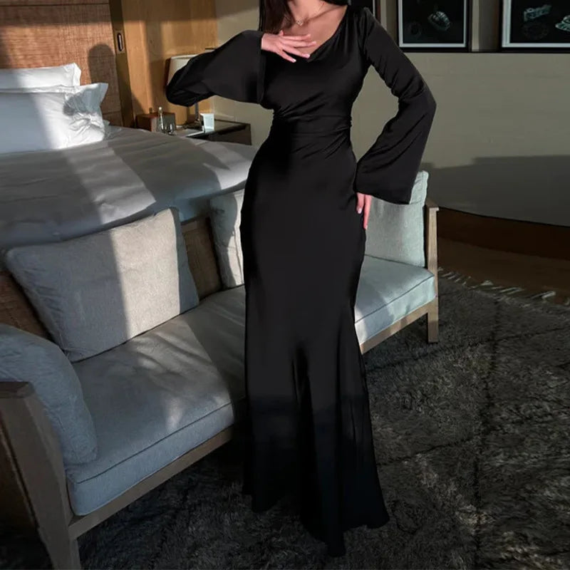 xakxx Women Satin Long Dresses Sexy Lace Up Slim Evening Dresses Simple Round Neck Flare Sleeve Birthday Party Dresses For Women
