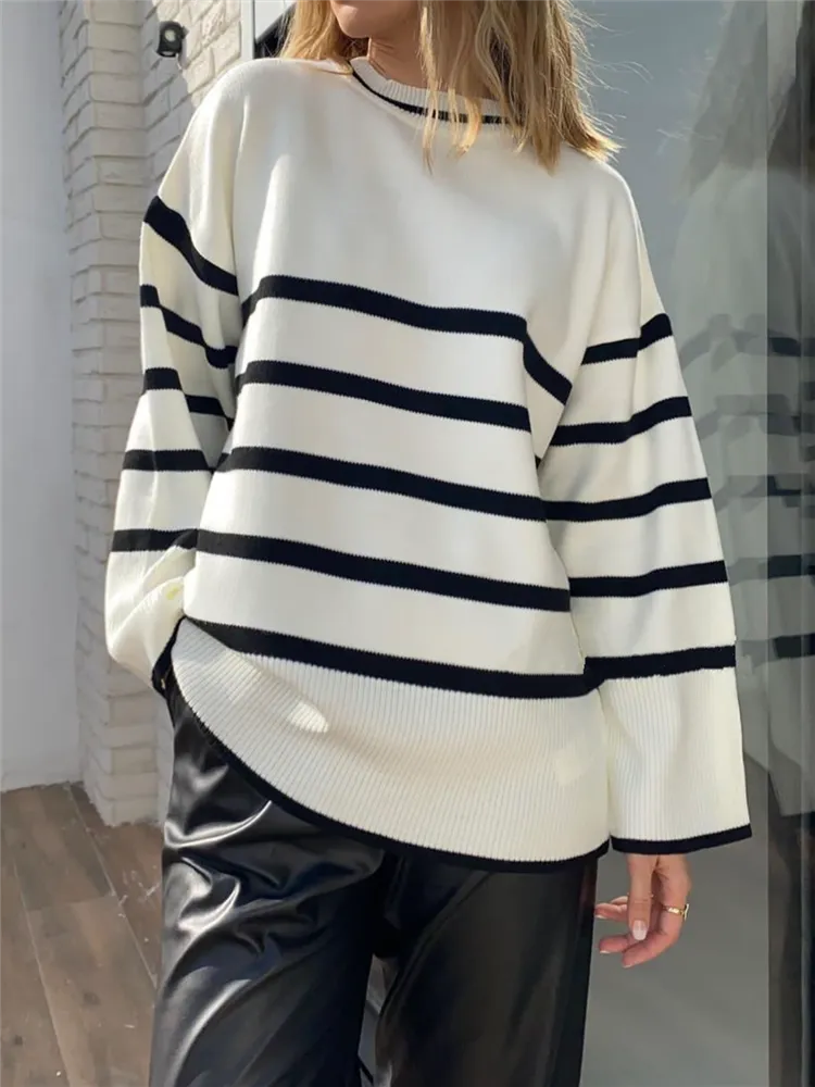 Autumn Winter Elegant Striped Oversize Women's Sweater New O-Neck Long Sleeve Casual Loose Knitwear Sweaters Female
