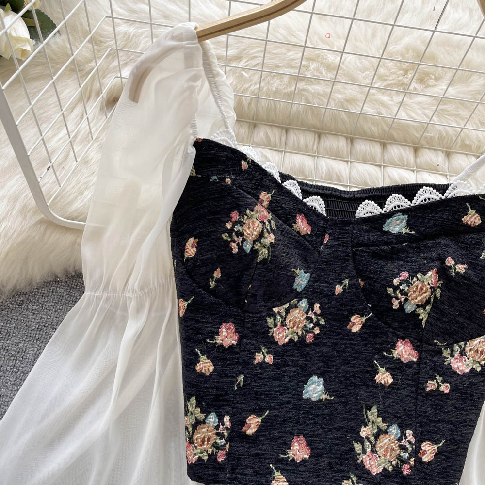 Xakxx - Floral Print Blouse Women Court Patchwork Flare Sleeve Elastic Waist Spring French Style Female Backless Short Tops