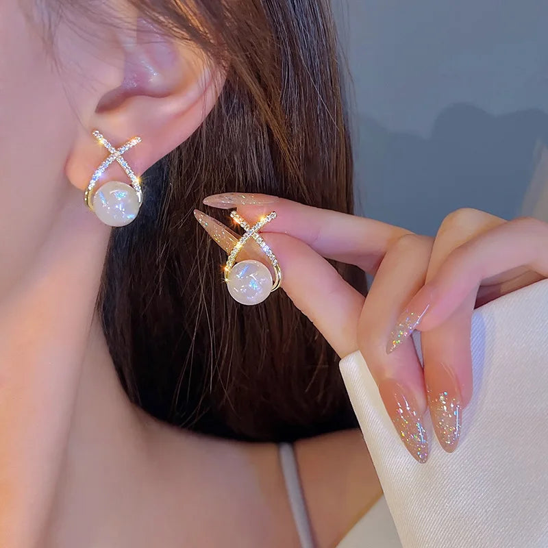 xakxx New Trend Simulation Pearl Long Earrings Women's Flower Rhinestone Wedding Pendant Earrings Fashion Korean Jewelry Earrings
