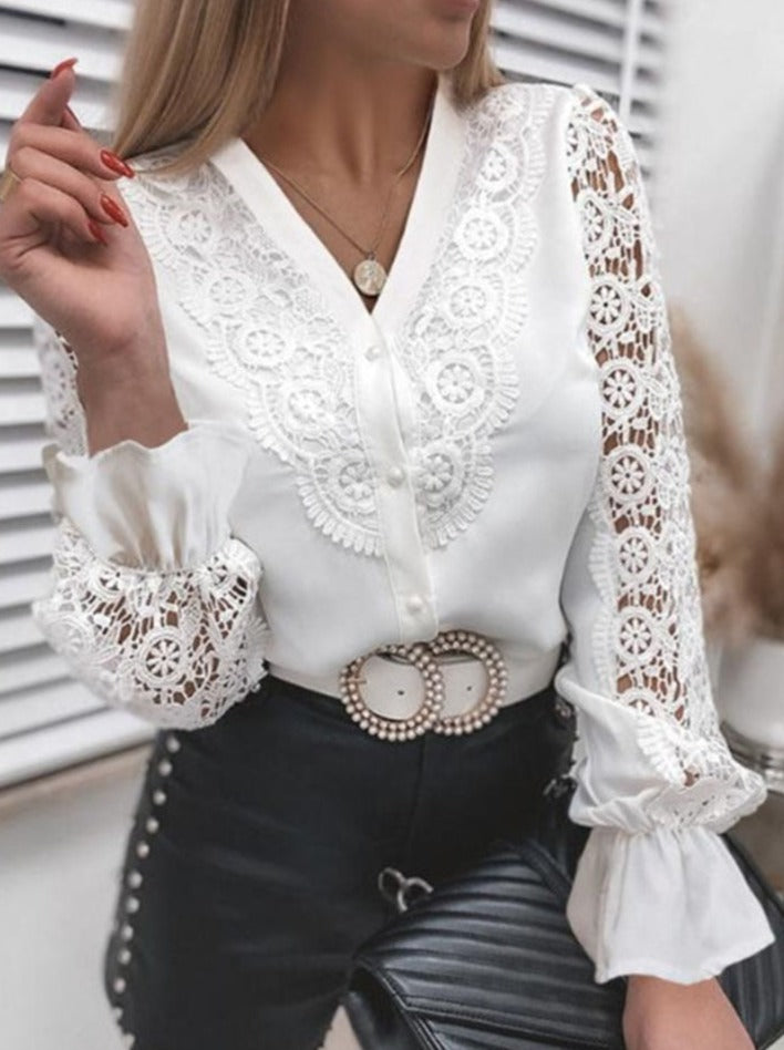 Xakxx - Women Sexy Lace Patchwork Hollow Out Shirt Blouse Long Sleeve O-Neck Mesh Design Tops Spring White Vintage Button Shirts
