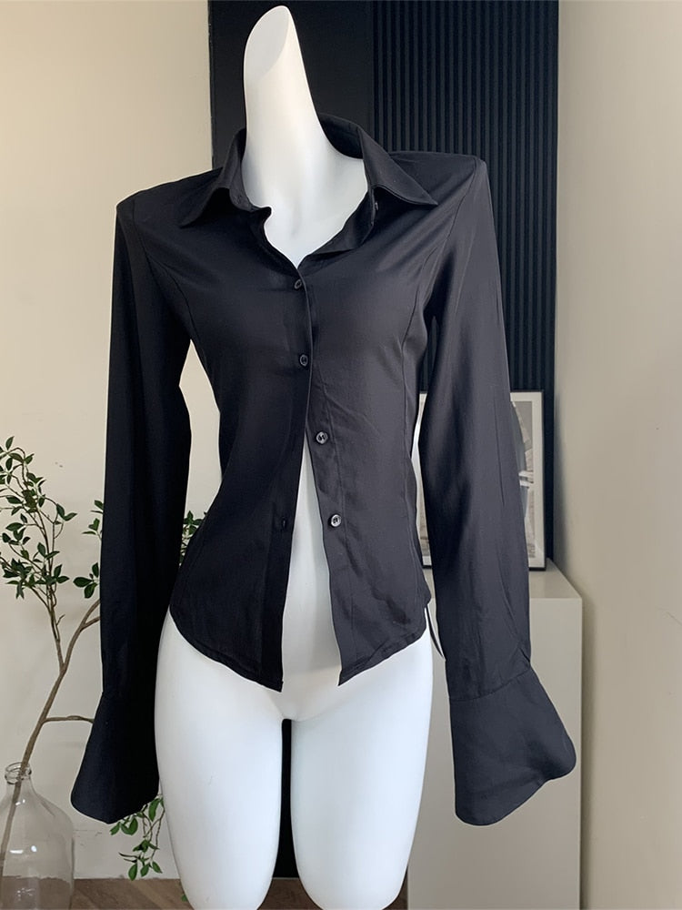 Xakxx - Women Retro Solid Color Slim Chiffon Shirt Turn-down Collar Flare Sleeve Tunic Bandage Design Female Blouses 2023 Spring Summer