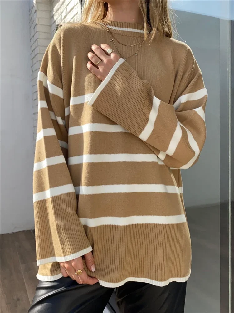 Autumn Winter Elegant Striped Oversize Women's Sweater New O-Neck Long Sleeve Casual Loose Knitwear Sweaters Female