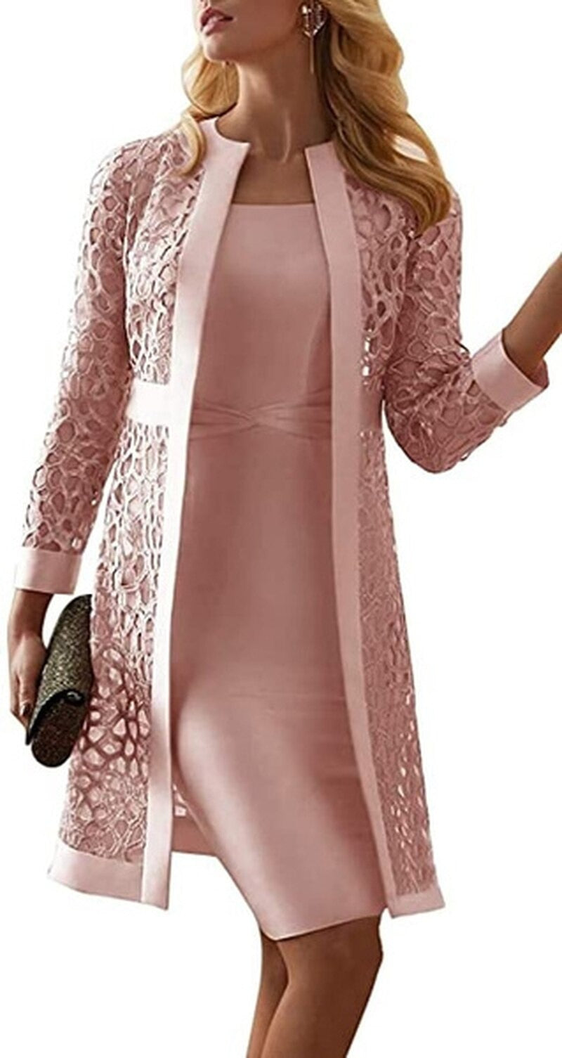 Purpdrank - Two Piece Dress Women Long Sleeve Knee Length Jacket Mother of The Bride Dresses Formal Party Evening Gown Dress Fashion