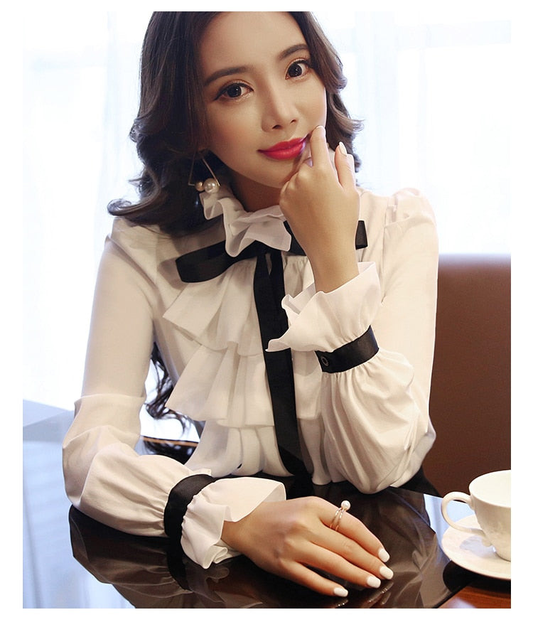 Xakxx - New Women blouse tops White Ruffles Bow Long Sleeve Chiffon Blouse 2023 New Work Wear Office Blusas Femininas ladies shirt 570A
