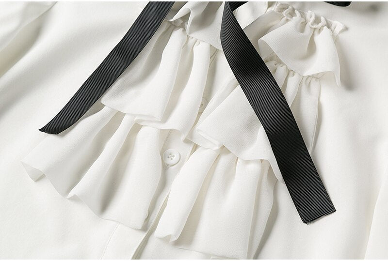 Xakxx - New Women blouse tops White Ruffles Bow Long Sleeve Chiffon Blouse 2023 New Work Wear Office Blusas Femininas ladies shirt 570A