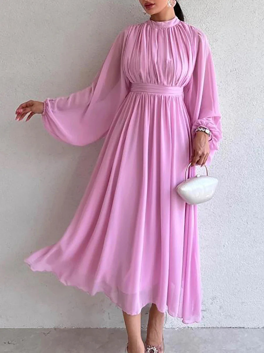 Beautiful Women's Dress Half High Collar Pleated Dresses with Long Sleeve Slim Elegant Black Chiffon Dress for Women xakxx Summer