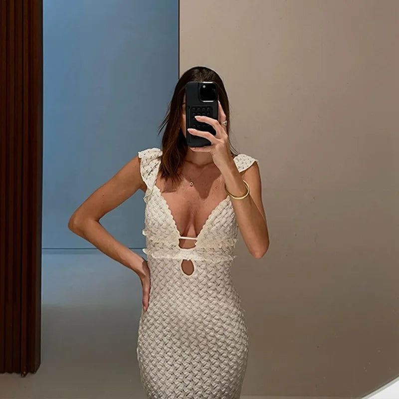 Apricot Hollow Out Maxi Dress Women Sexy See Through Backless Slim Beach Dress Summer Fashion Ruffle Holiday Party Dress xakxx